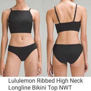 Lululemon Ribbed High Neck Longline Swim Bikini Top NWT Black Sporty  Cropped 6